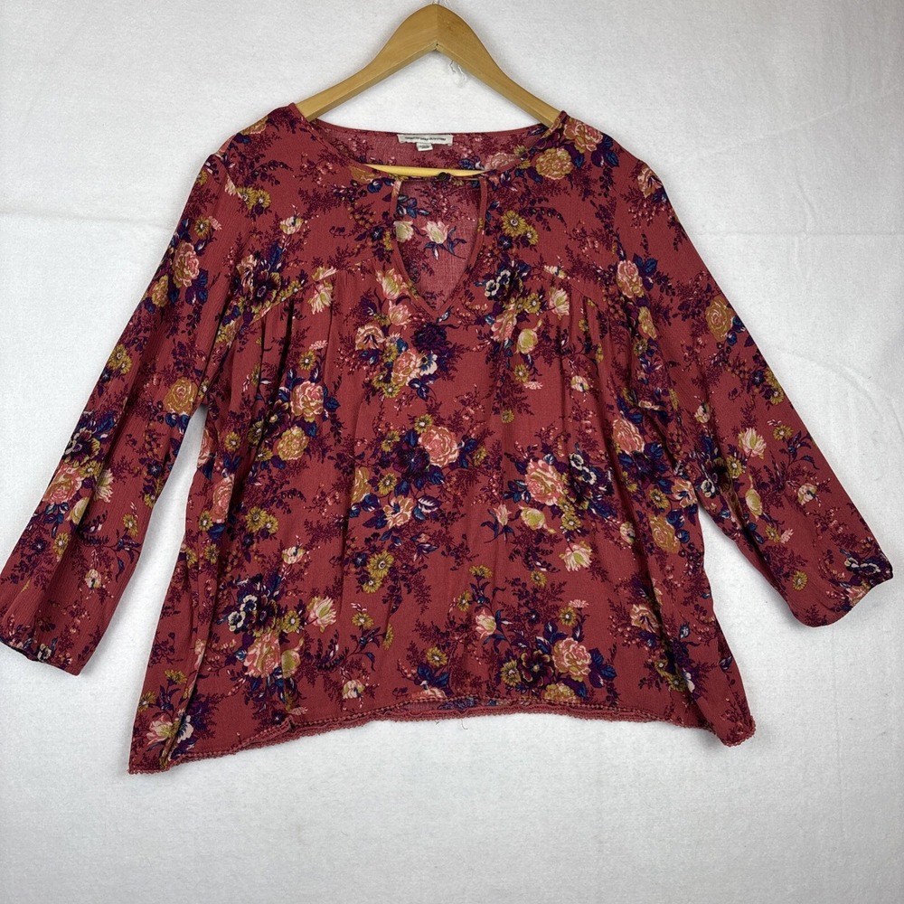 American Eagle Top Women LG Orange Floral Blouse Keyhole Neck 3/4 Sleeve Peasant